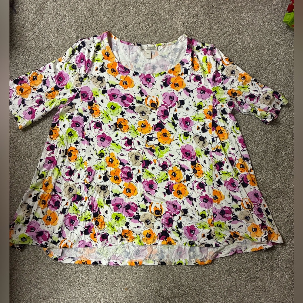 Dana Buchman White Floral Top with Pink, Orange & Lime